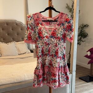 LoveShackFancy Floral Mini Dress in Pink and Red